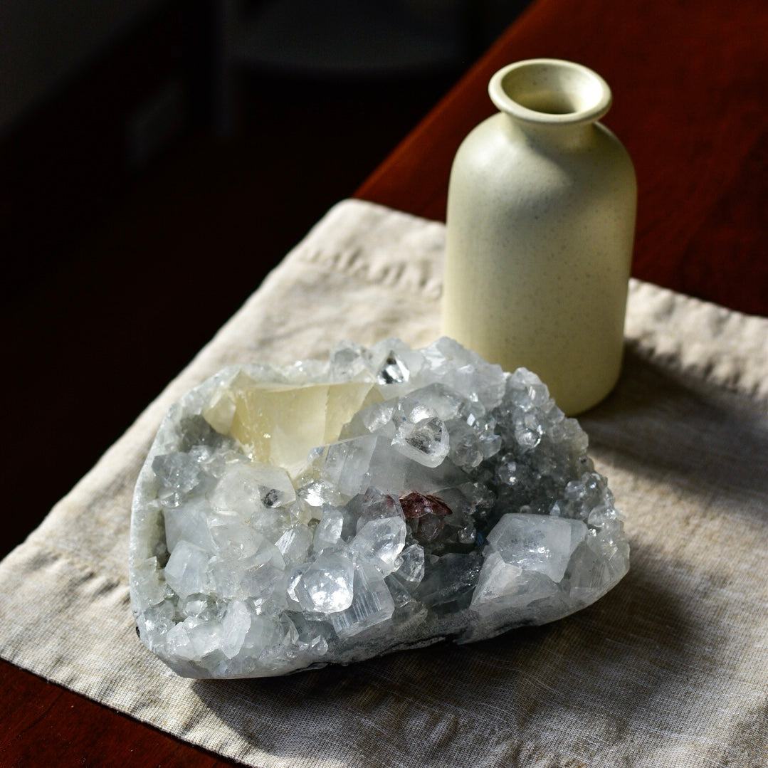 Statement Apophyllite Cluster with Calcite and Hematite