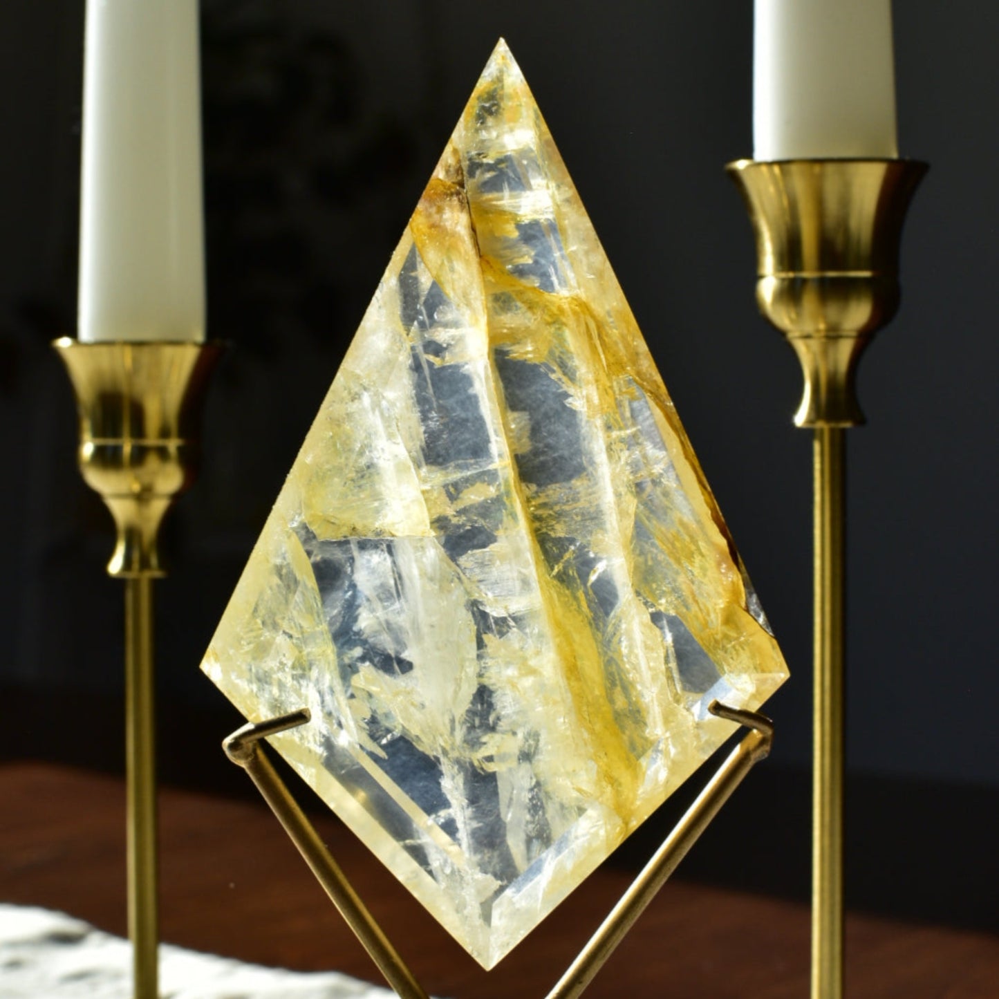 Golden Healer Quartz Diamond on Custom Gold Stand