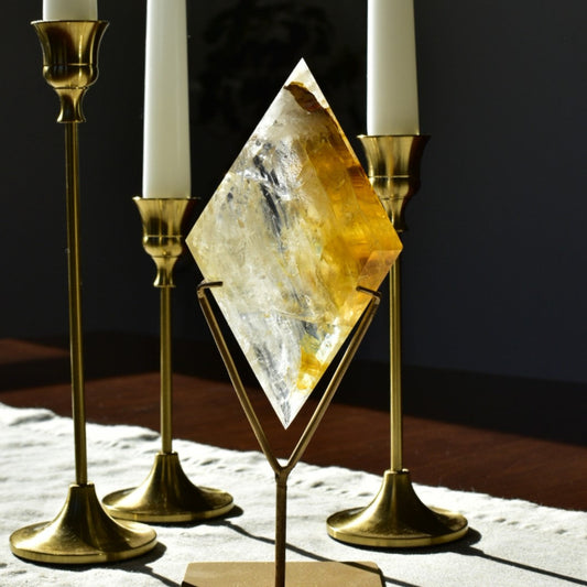 Golden Healer Quartz Diamond on Custom Gold Stand