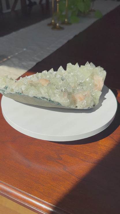 Statement Green Apophyllite Cluster with Peach Stilbite